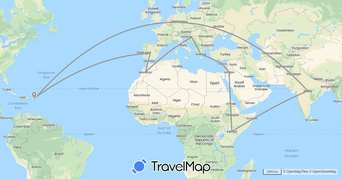 TravelMap itinerary: driving, plane in Cyprus, Spain, Greece, Croatia, India, Jordan, Kenya, Morocco, Portugal, United States (Africa, Asia, Europe, North America)