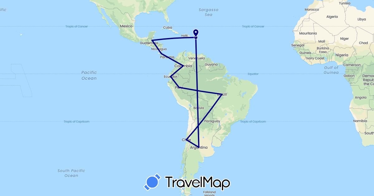 TravelMap itinerary: driving in Argentina, Brazil, Belize, Chile, Colombia, Costa Rica, Ecuador, Peru, United States (North America, South America)
